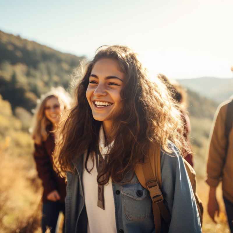 A young woman leads a happy group on a sunny hike through rolling hills, highlighting the vibrant life possible with aftercare in Palm Springs.