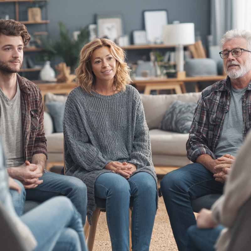 A group of people sits in a supportive therapy circle, symbolizing open communication and healing through family education support.