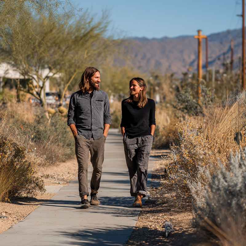 A man and woman walk side-by-side on a sunlit path through a desert town, symbolizing the connection and growth found in IOP in Palm Springs.