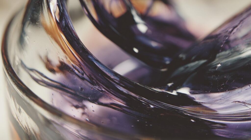 Swirling, glossy liquid in close-up detail evokes the visual texture of a lean drink.