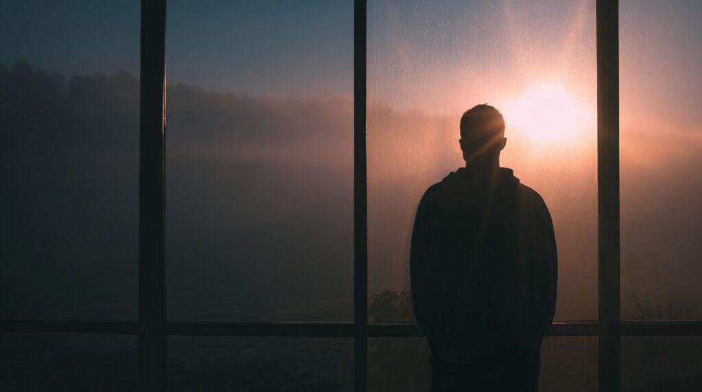 A solitary figure gazes at the rising sun through a foggy window, reflecting the introspective moments common in outpatient for emotional numbness.