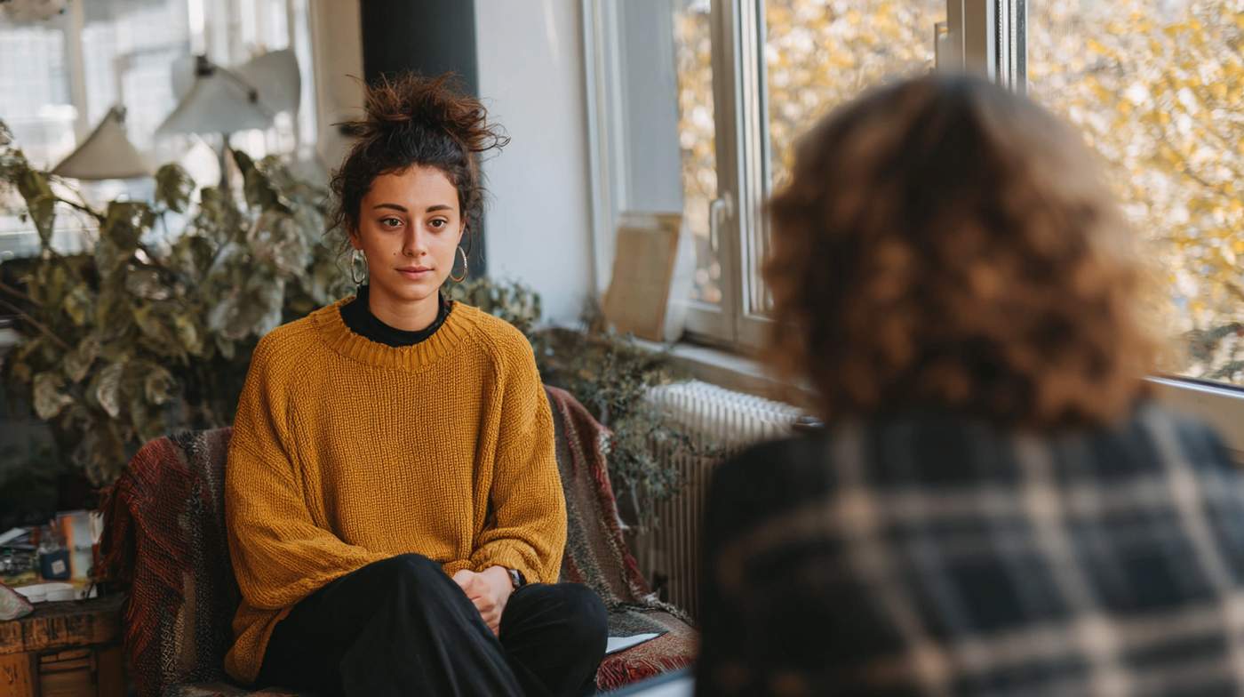 A young woman sits attentively across from a therapist, highlighting the personal connection central to PTSD treatment in Palm Springs.