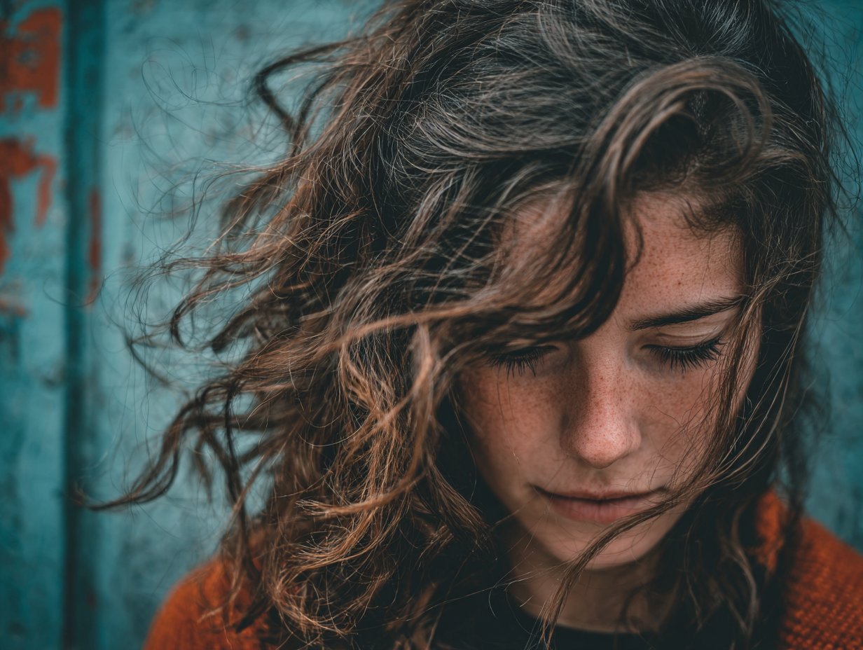 A woman looks down contemplatively, her face framed by tousled hair, embodying the introspective spirit of the solutionpoint philosophy.