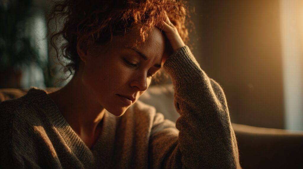A young woman sits alone in soft evening light, her hand resting on her forehead as she stares down with closed eyes, a moment of visible distress that reflects the emotional toll of anxiety and drug use.