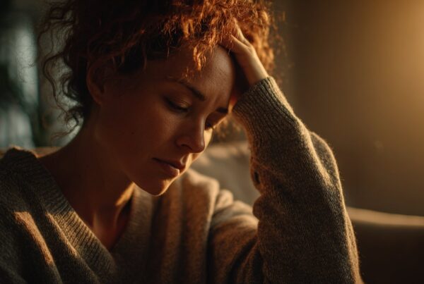 A young woman sits alone in soft evening light, her hand resting on her forehead as she stares down with closed eyes, a moment of visible distress that reflects the emotional toll of anxiety and drug use.
