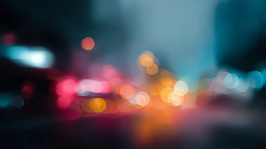 A blurry cityscape of colorful lights suggests emotional disconnection, visually representing detachment and drug use.