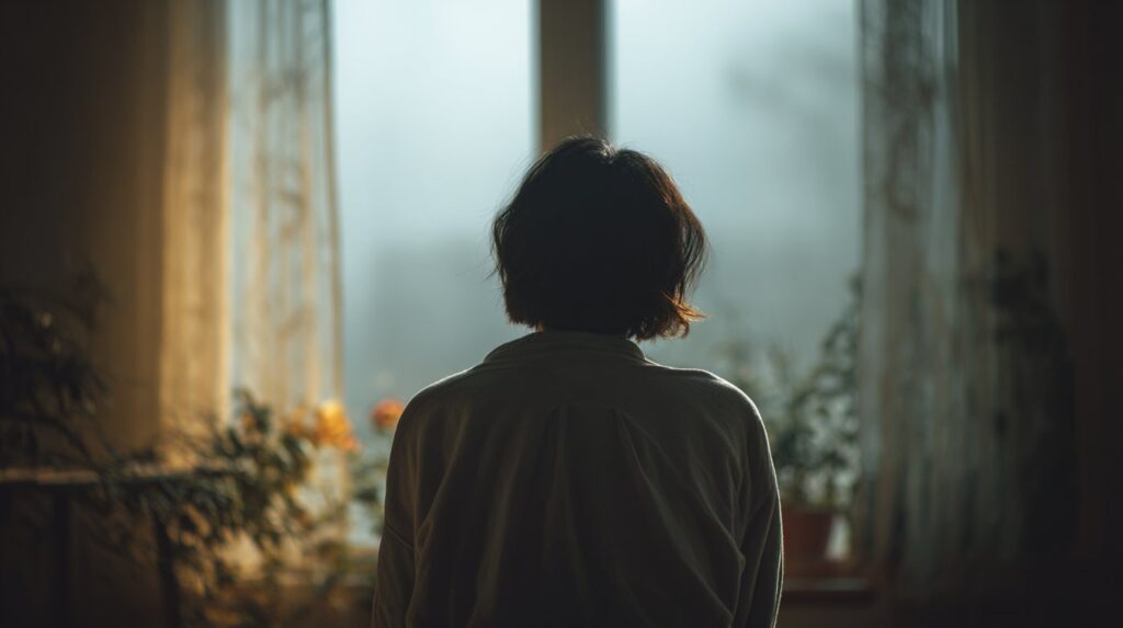 A person sits in a dim room facing a softly lit window, evoking the emotional distance often tied to detachment and drug use.