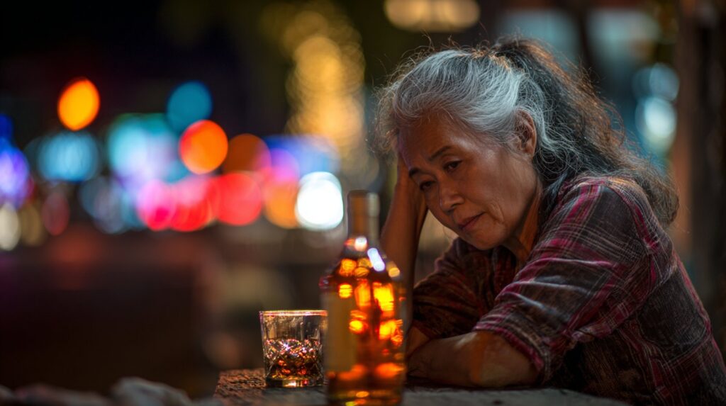 A woman with graying hair sitting sadly at a table with a bottle and glass of alcohol, symbolizing Ethanol Addiction.