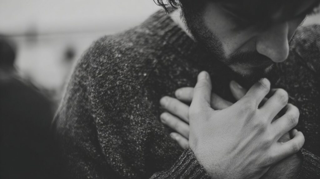 A man clutches his chest in emotional pain, illustrating the deep struggle reflected in the mental health and addiction connection.