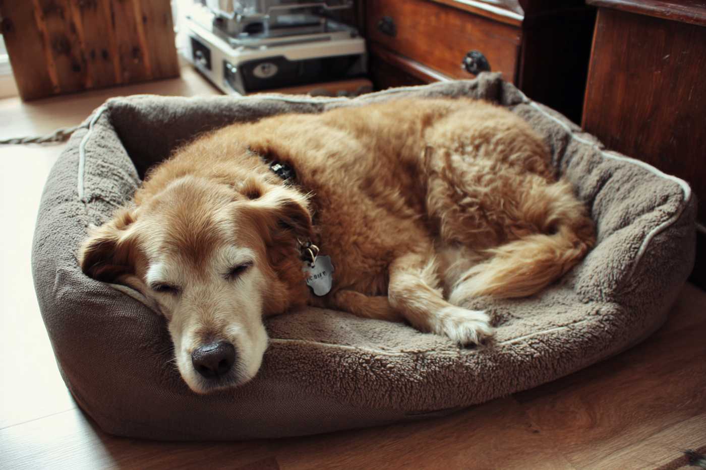 An older dog peacefully sleeping in a plush dog bed at home—ideal for a pet friendly rehab in Palm Springs.