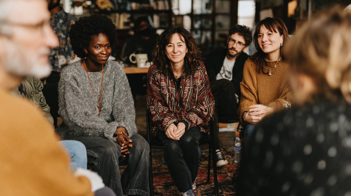 A supportive group sitting in a circle during a meeting, symbolizing hope and connection in the addiction solution.