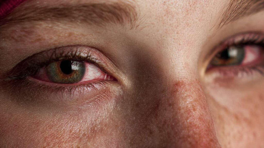 Close-up of reddened, bloodshot eyes highlighting signs of irritation — a visual reference for what are high eyes.