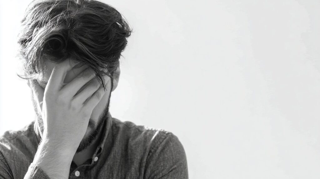 A distressed man covers his face in discomfort, illustrating the emotional toll tied to what are high eyes.