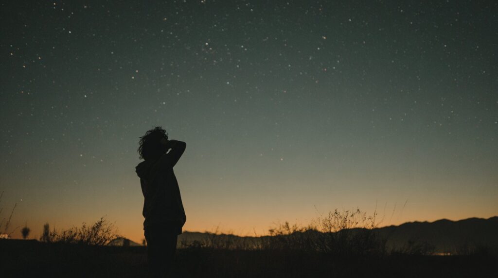 A person silhouetted under a star-filled sky at dusk, symbolizing hope and healing found through evening IOP.