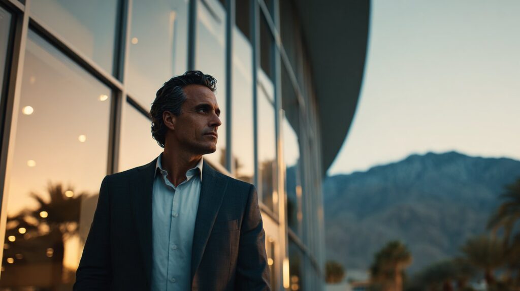 A professional man in a suit standing outside a glass building at sunset, reflecting the supportive structure of an evening IOP.