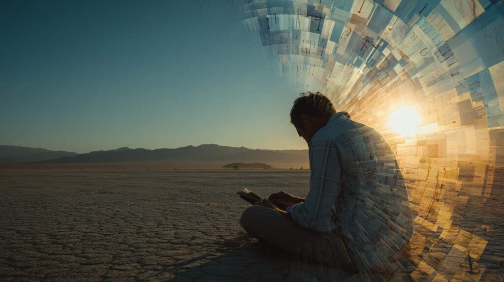 A man sitting on desert ground with abstract layered visuals around him, symbolizing focus and hyperfixation treatment.