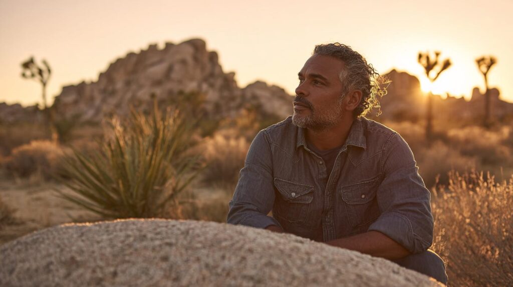 A thoughtful man sits in a desert landscape at sunset, reflecting quietly, illustrating the question of whether crossfading is bad.