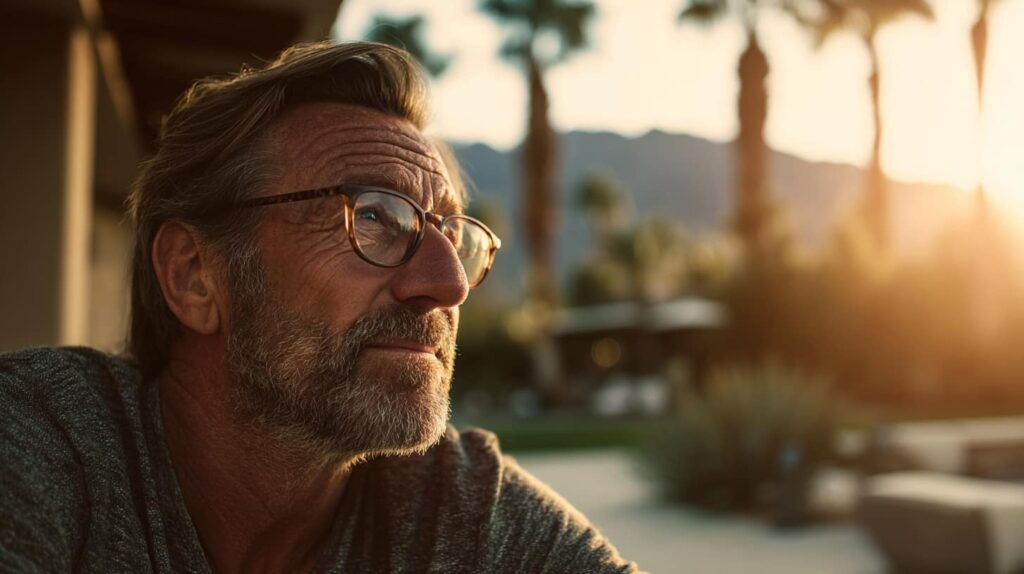 A thoughtful older man with glasses gazes into the distance in the warm evening light, evoking reflection and hope in the context of versed addiction recovery.