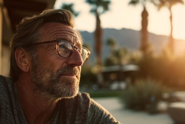 A thoughtful older man with glasses gazes into the distance in the warm evening light, evoking reflection and hope in the context of versed addiction recovery.