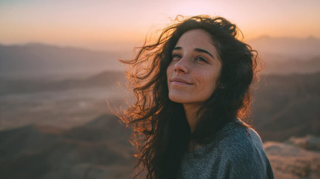 A young woman with wavy hair smiles softly at sunset over a mountain landscape, symbolizing optimism and renewal in versed addiction treatment.