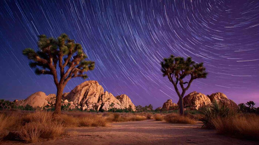 A desert night sky with star trails above Joshua trees, representing the energetic and lasting effects of stimulants, prompting the question what are stimulants.