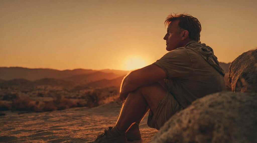 A man sits in the desert at sunset, reflecting in solitude, symbolizing the deep effects of stimulants while asking what are stimulants.
