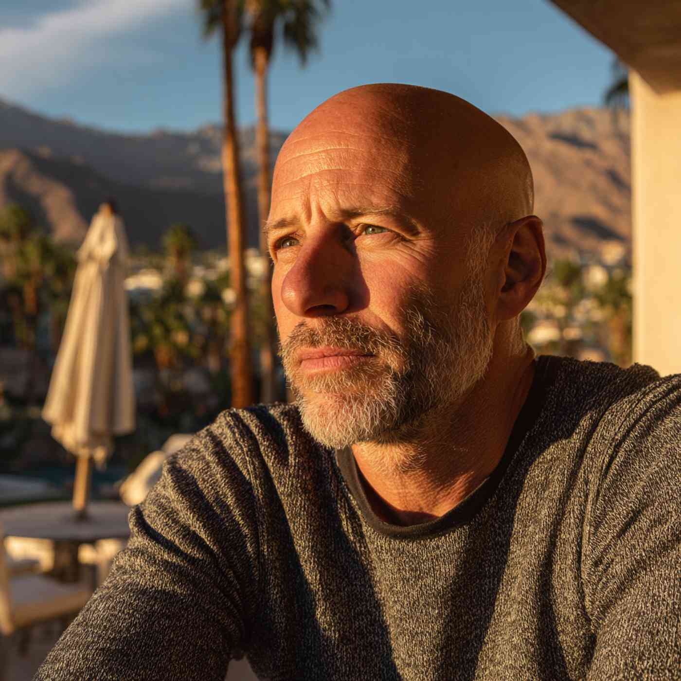 A thoughtful man sitting outdoors at sunset with desert mountains behind him, symbolizing reflection through DBT in Palm Springs.
