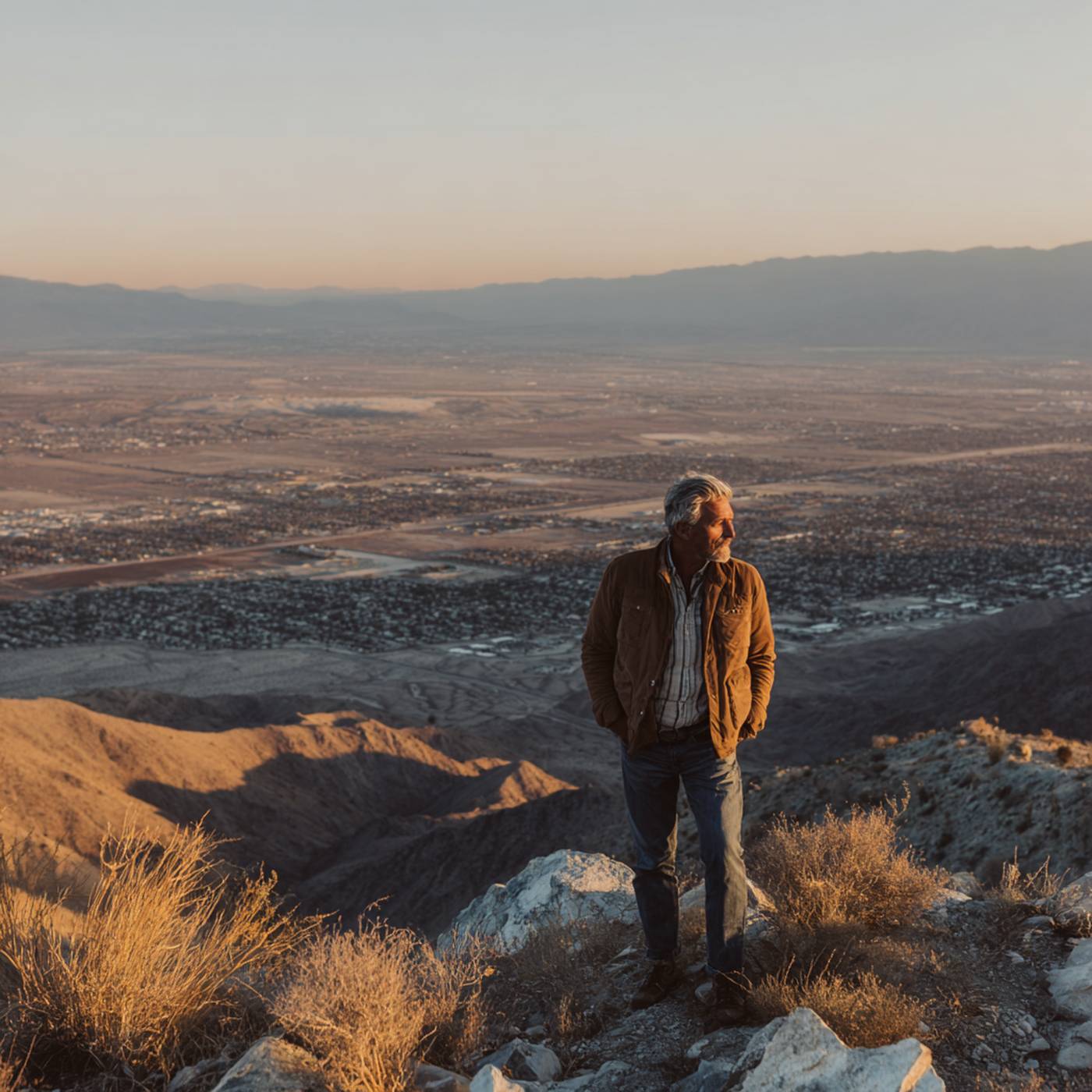 A man standing on a ridge overlooking the desert landscape, symbolizing reflection and clarity in CBT in Palm Springs.