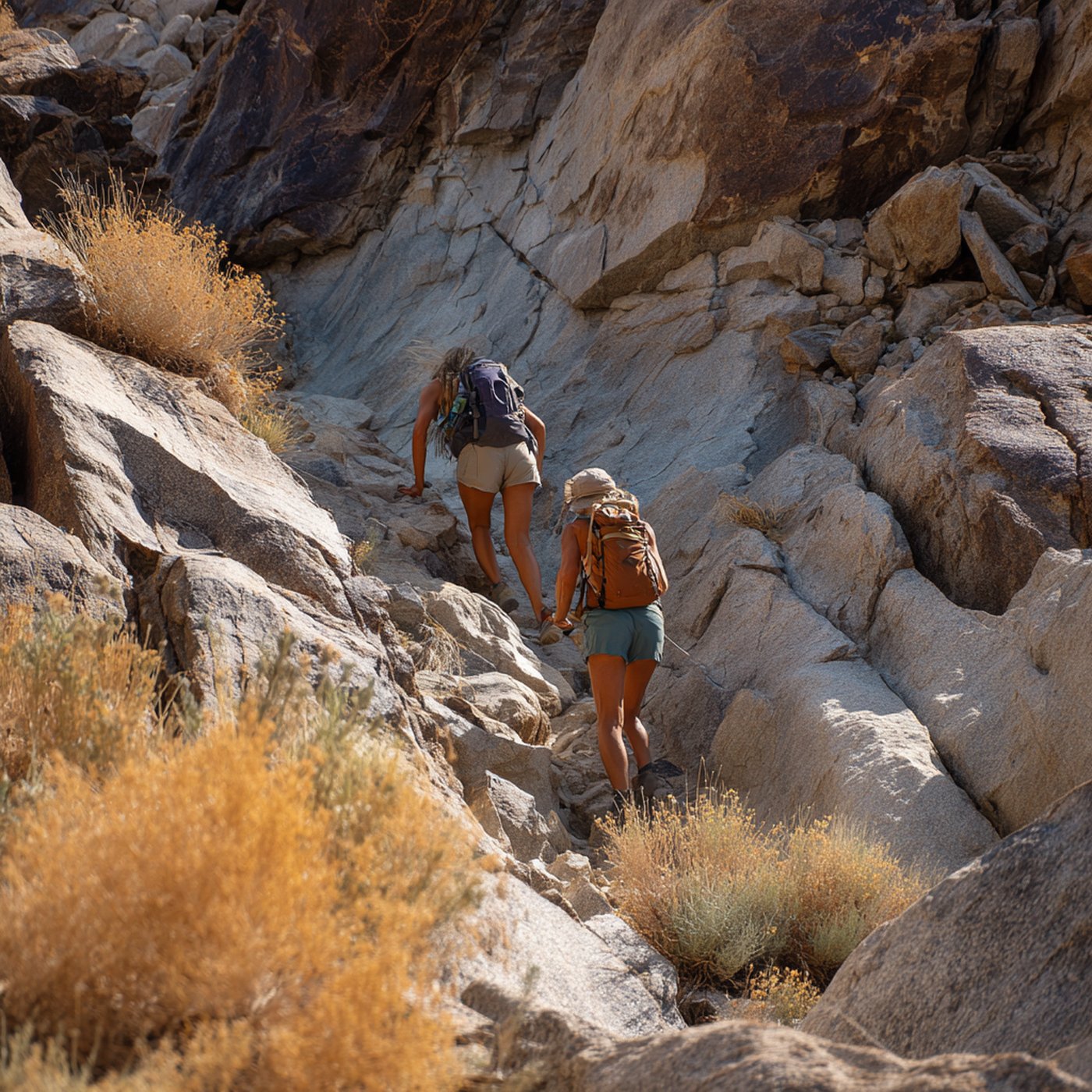 Two women hiking through desert rocks, showing resilience and family therapy in Palm Springs.