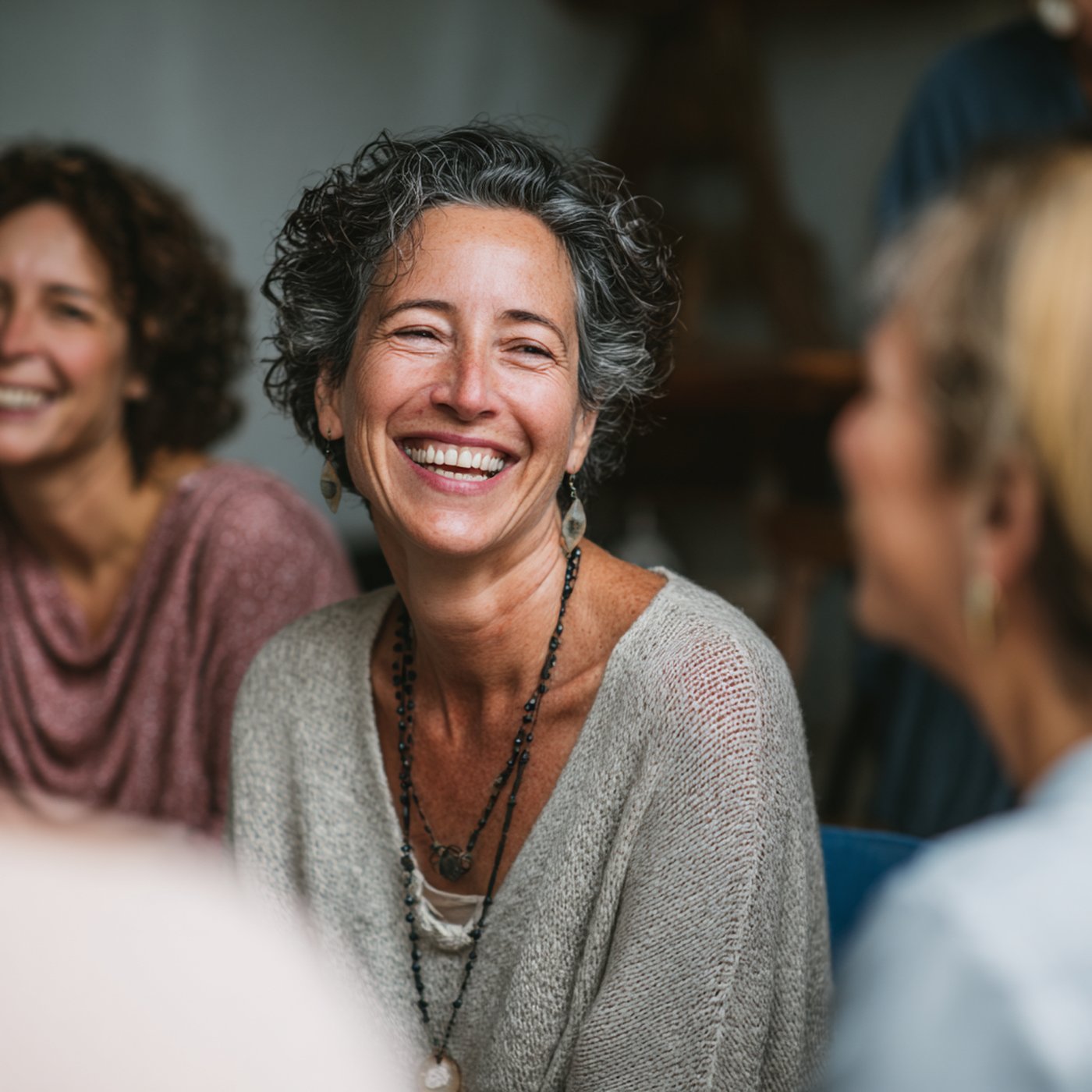 A woman smiling during a supportive session, representing group therapy in Palm Springs.