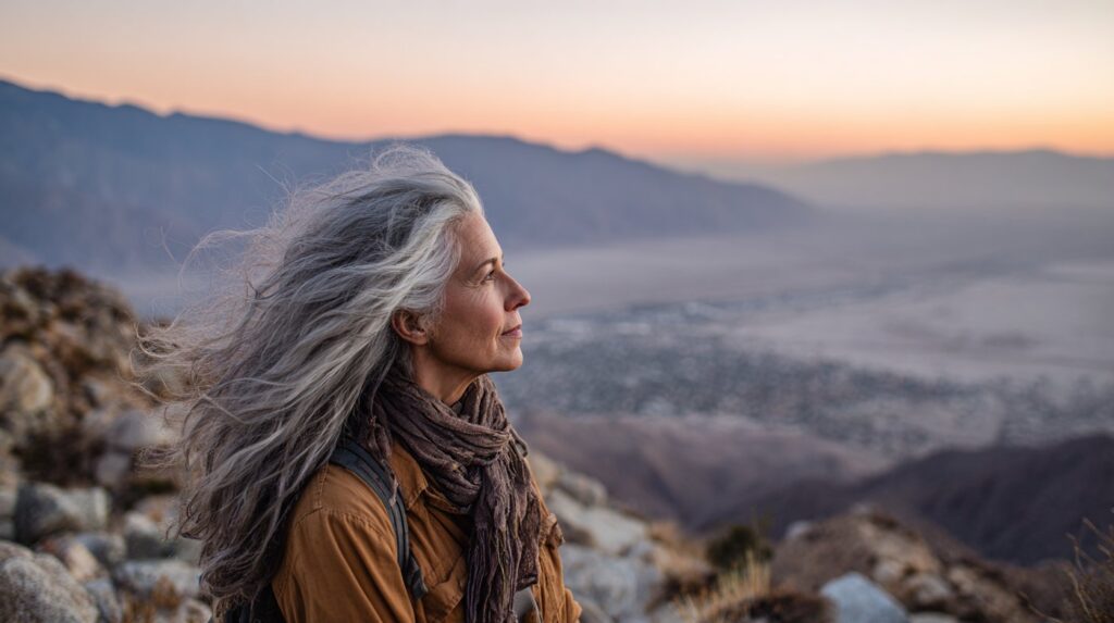 A woman standing on a rocky overlook at dusk, illustrating calm and awareness about mixing Ativan with other substances.