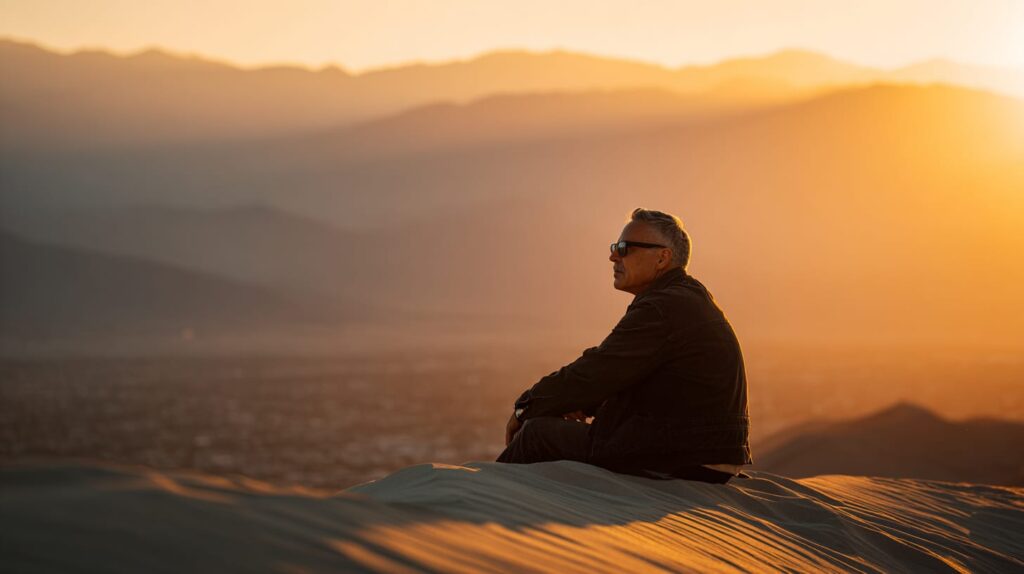 A man sitting on desert sand dunes at sunset, symbolizing reflection and the risks of mixing Ativan with other substances.