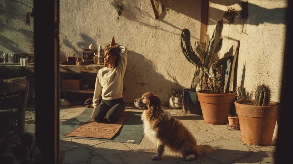 A woman stretching on a yoga mat beside her dog in warm desert sunlight, representing balance and problem-focused coping.