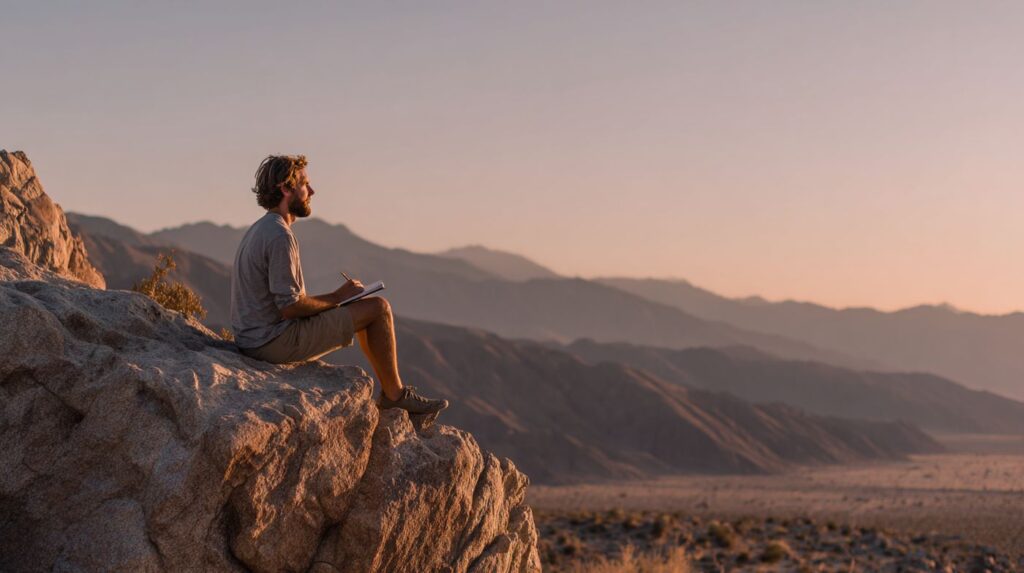 A man sits on a desert rock at sunset, writing in a notebook, capturing reflection and solitude — things narcissists say explored through introspection.