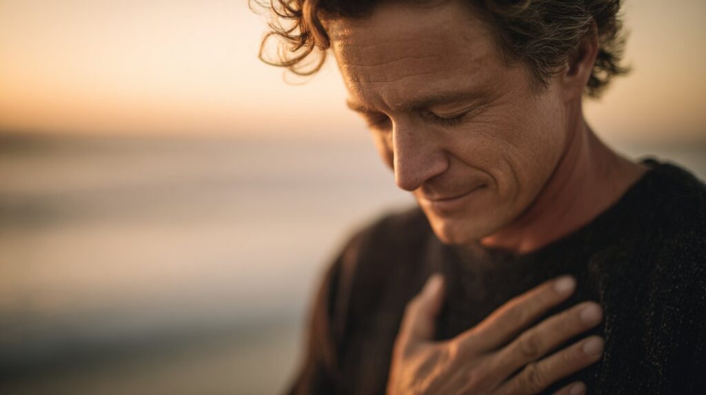 A man rests his hand on his chest at sunset, reflecting quietly — a visual echo of valium addiction and healing.