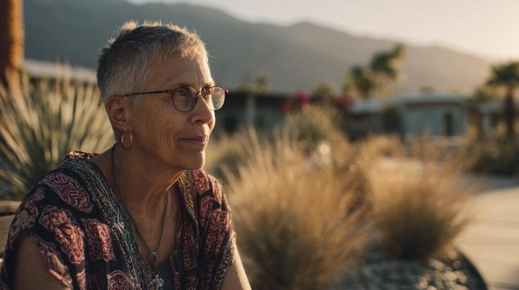 An older woman sits outdoors in soft desert light, conveying reflection and the importance of alcohol addiction help for older adults.