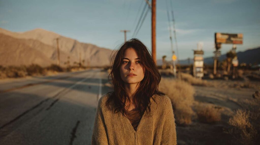 A young woman standing in a quiet desert road at golden hour, reflecting the disorientation and risk tied to alcohol poisoning.