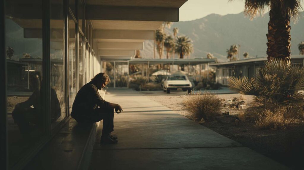 A person sitting alone outside in a warm desert setting, capturing the isolation and danger often linked to alcohol poisoning.