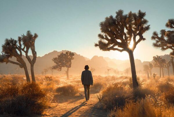 A person walking through warm desert light, symbolizing the isolating pull of substances and raising the question of whether barbiturates are addictive.