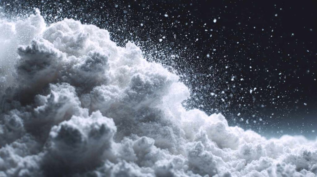 A dramatic close-up of white powder erupting into the air, visually representing the contrast between crack and cocaine.