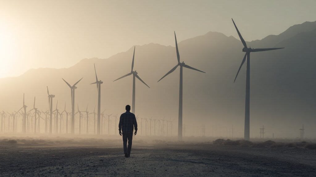A man walking toward wind turbines in a dusty desert landscape, symbolizing the stark choices tied to crack and cocaine.