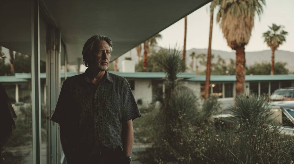 A man standing outside in a desert setting in Palm Springs, capturing the quiet weight of the dangers of heroin.