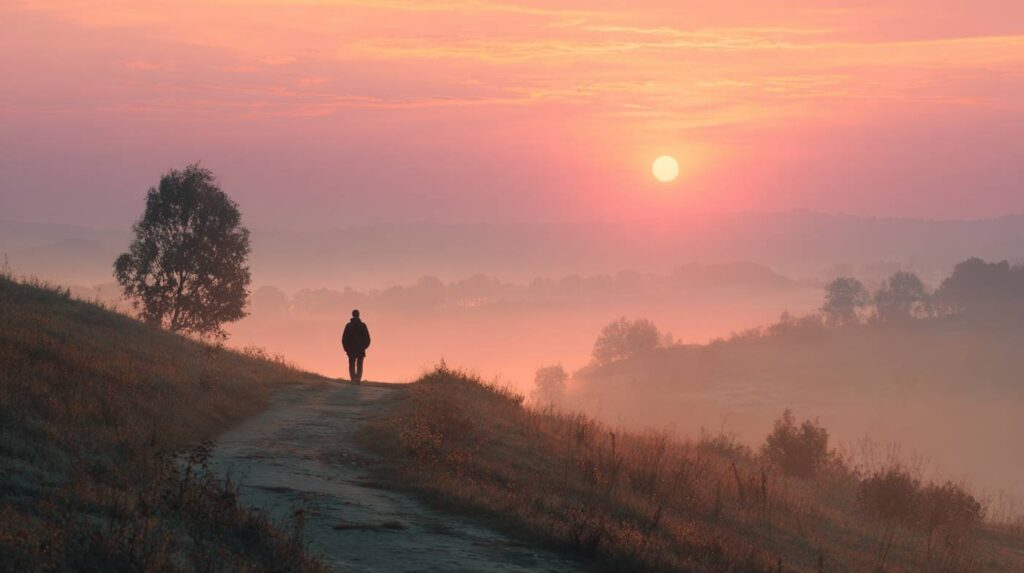 A solitary person walks along a misty sunrise path, symbolizing the isolation and clarity people may seek when struggling with MDMA use.