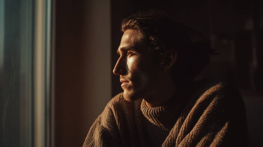 A man sitting by a window in warm light looks thoughtful, reflecting the emotional impact often associated with MDMA use.