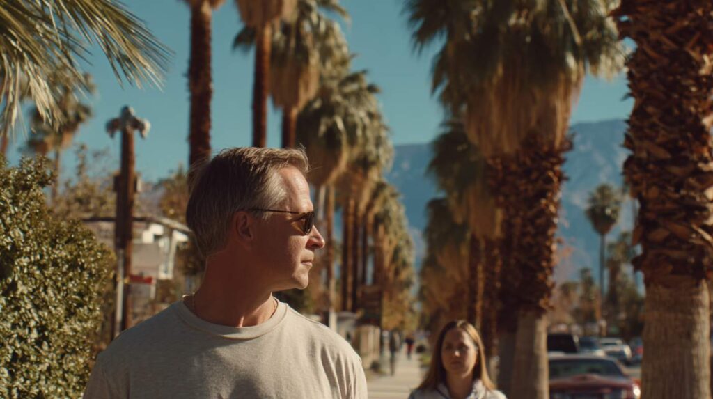 An adult walking along a palm-lined street in Palm Springs, reflecting on what are track marks.