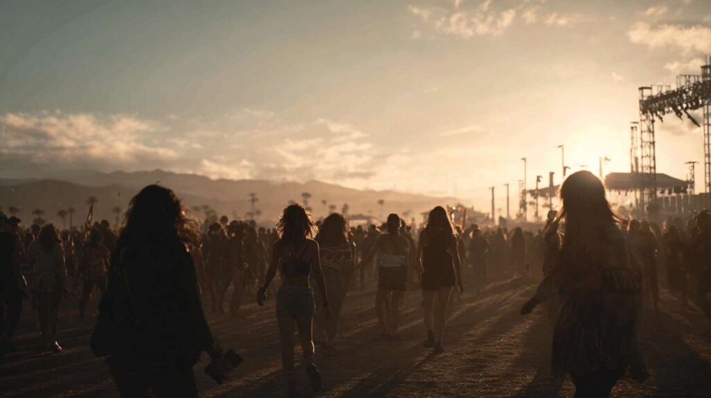 A festival crowd walking through sunset light, hinting at the party settings where people often first ask what is a dab.