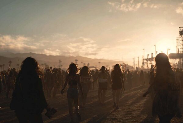 A festival crowd walking through sunset light, hinting at the party settings where people often first ask what is a dab.