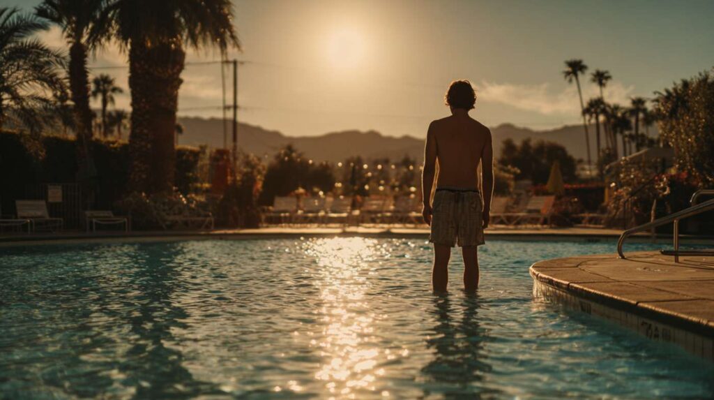 A person stands waist-deep in a swimming pool at sunset with palm trees and mountains in the background, illustrating a person thinking about baking soda and drug tests