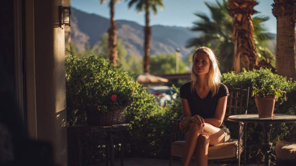 A woman sits calmly on an outdoor patio surrounded by desert plants and mountains, representing a person considering baking soda and drug tests