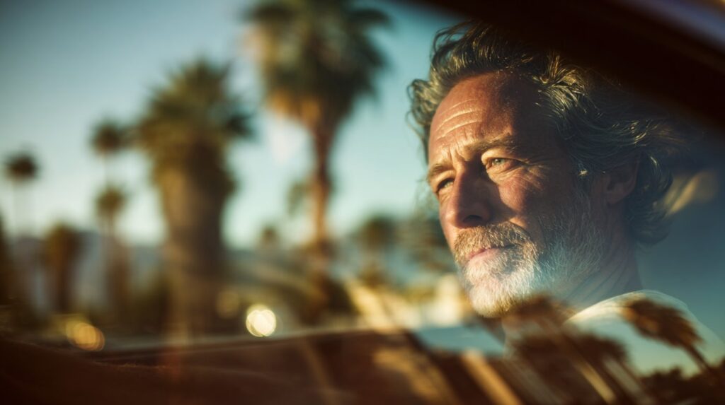 A thoughtful older man is seen through a car window with palm trees reflected in the glass, representing concerns around what is Mexican Xanax.
